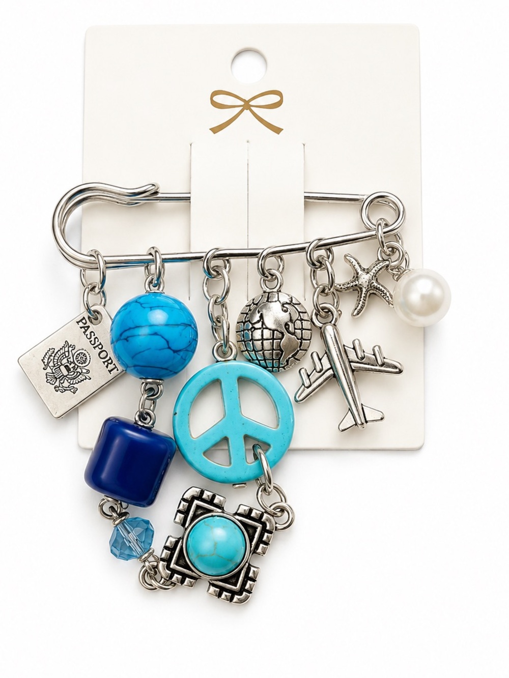 World Traveler Silver Tone Charm Brooche with Turquoise Accents